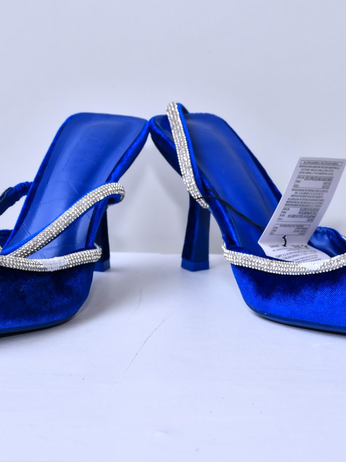Velvet Blue Rhinestone Strap Heels