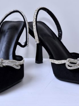 Black Satin Rhinestone Slingback Heels