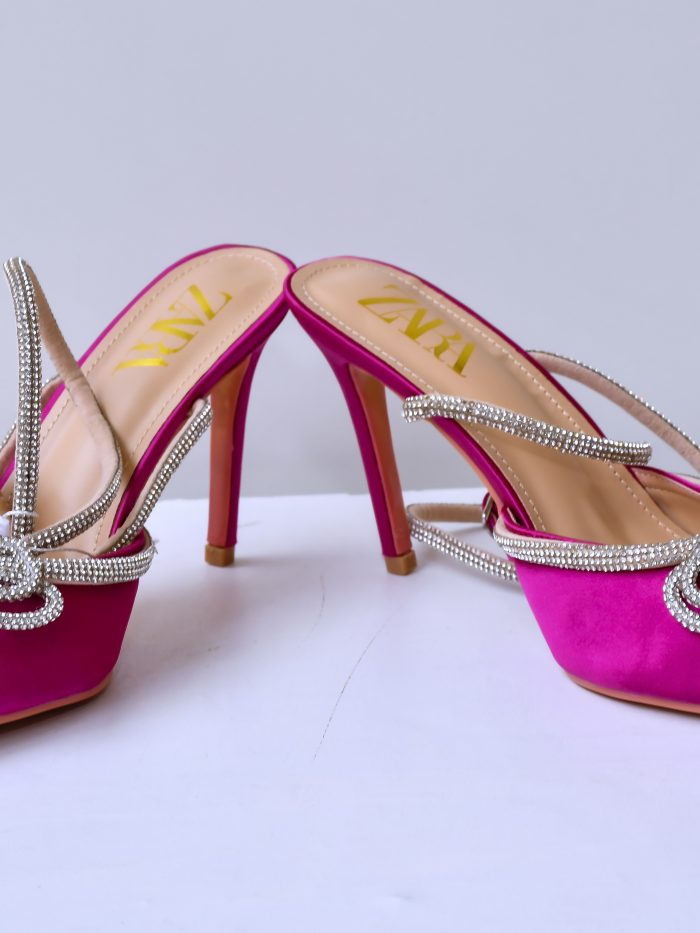 Pink Satin Rhinestone Slingback Heels