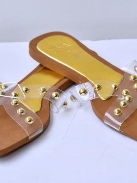 Clear Strap Flat Sandals with Gold Studs