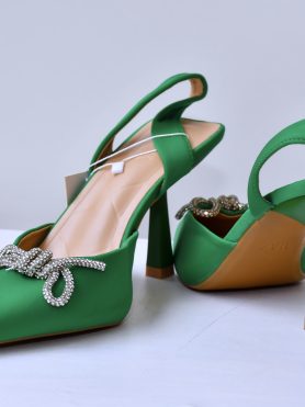 Green Satin Crystal Bow Pumps