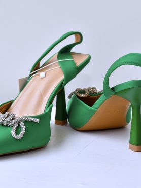 Green Satin Crystal Heel Pumps