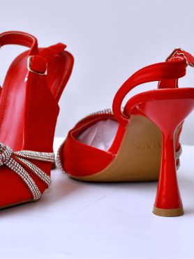 Red Satin Rhinestone Heels